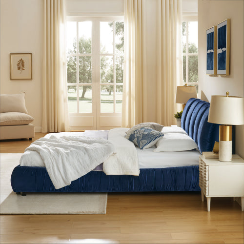 CAMA AZUL KING SIZE SOLAMENTE-King Size Upholstered Bed Frame, Modern Minimalist Style with Segmented Plump Compressed Sponge Headboard, Shiny velvet & Sturdy Leg Support, Mattress Not Included-Dark Blue