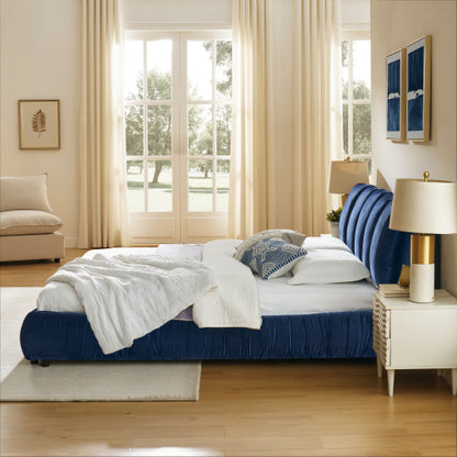 CAMA AZUL KING SIZE SOLAMENTE-King Size Upholstered Bed Frame, Modern Minimalist Style with Segmented Plump Compressed Sponge Headboard, Shiny velvet & Sturdy Leg Support, Mattress Not Included-Dark Blue