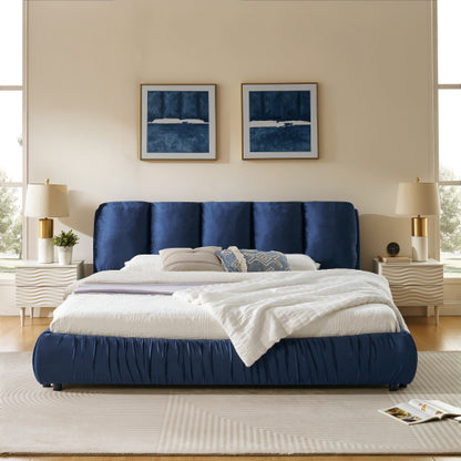 CAMA AZUL KING SIZE SOLAMENTE-King Size Upholstered Bed Frame, Modern Minimalist Style with Segmented Plump Compressed Sponge Headboard, Shiny velvet & Sturdy Leg Support, Mattress Not Included-Dark Blue