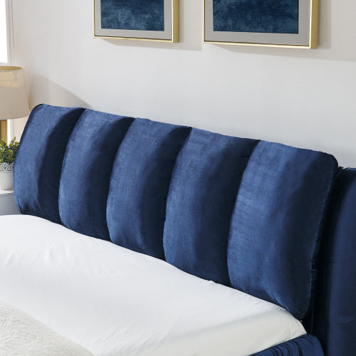 CAMA AZUL KING SIZE SOLAMENTE-King Size Upholstered Bed Frame, Modern Minimalist Style with Segmented Plump Compressed Sponge Headboard, Shiny velvet & Sturdy Leg Support, Mattress Not Included-Dark Blue