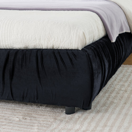 CAMA NEGRA SATIN #9KING SIZE SOLAMENTE-King Size Upholstered Bed Frame, Modern Minimalist Style with Segmented Plump Compressed Sponge Headboard, Shiny velvet & Sturdy Leg Support, Mattress Not Included-Black