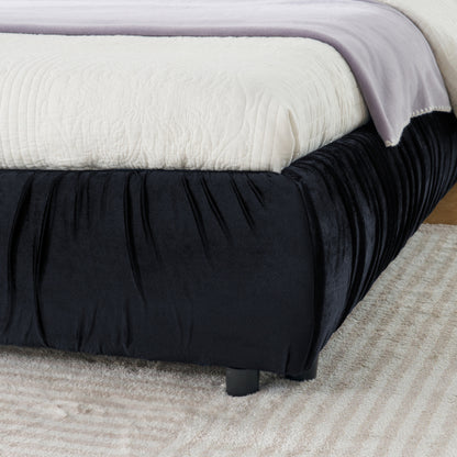 CAMA NEGRA SATIN #9KING SIZE SOLAMENTE-King Size Upholstered Bed Frame, Modern Minimalist Style with Segmented Plump Compressed Sponge Headboard, Shiny velvet & Sturdy Leg Support, Mattress Not Included-Black
