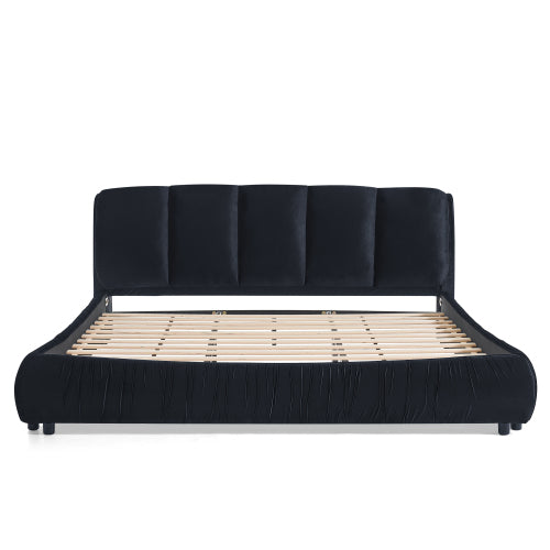 CAMA NEGRA SATIN #9KING SIZE SOLAMENTE-King Size Upholstered Bed Frame, Modern Minimalist Style with Segmented Plump Compressed Sponge Headboard, Shiny velvet & Sturdy Leg Support, Mattress Not Included-Black