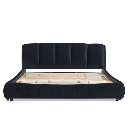 CAMA NEGRA SATIN #9KING SIZE SOLAMENTE-King Size Upholstered Bed Frame, Modern Minimalist Style with Segmented Plump Compressed Sponge Headboard, Shiny velvet & Sturdy Leg Support, Mattress Not Included-Black