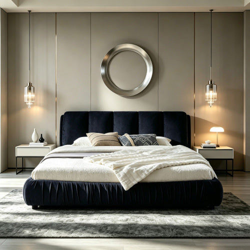 CAMA NEGRA SATIN #9KING SIZE SOLAMENTE-King Size Upholstered Bed Frame, Modern Minimalist Style with Segmented Plump Compressed Sponge Headboard, Shiny velvet & Sturdy Leg Support, Mattress Not Included-Black