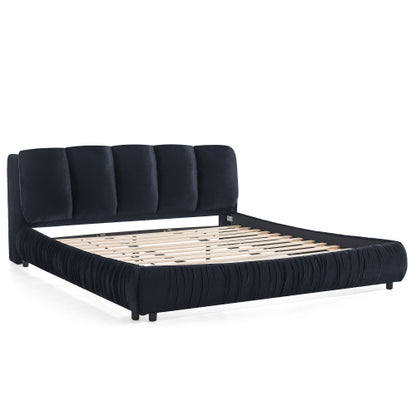 CAMA NEGRA SATIN #9KING SIZE SOLAMENTE-King Size Upholstered Bed Frame, Modern Minimalist Style with Segmented Plump Compressed Sponge Headboard, Shiny velvet & Sturdy Leg Support, Mattress Not Included-Black