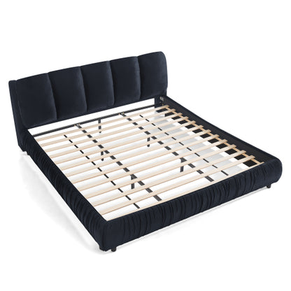 CAMA NEGRA SATIN #9KING SIZE SOLAMENTE-King Size Upholstered Bed Frame, Modern Minimalist Style with Segmented Plump Compressed Sponge Headboard, Shiny velvet & Sturdy Leg Support, Mattress Not Included-Black