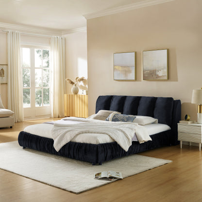 CAMA NEGRA SATIN #9KING SIZE SOLAMENTE-King Size Upholstered Bed Frame, Modern Minimalist Style with Segmented Plump Compressed Sponge Headboard, Shiny velvet & Sturdy Leg Support, Mattress Not Included-Black