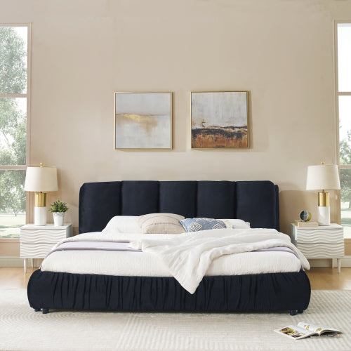 CAMA NEGRA SATIN #9KING SIZE SOLAMENTE-King Size Upholstered Bed Frame, Modern Minimalist Style with Segmented Plump Compressed Sponge Headboard, Shiny velvet & Sturdy Leg Support, Mattress Not Included-Black