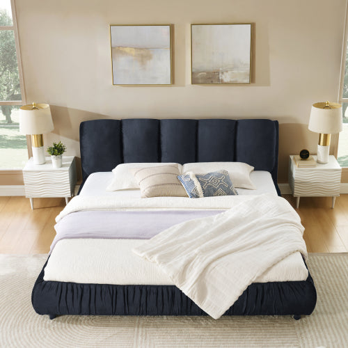 CAMA NEGRA SATIN #9KING SIZE SOLAMENTE-King Size Upholstered Bed Frame, Modern Minimalist Style with Segmented Plump Compressed Sponge Headboard, Shiny velvet & Sturdy Leg Support, Mattress Not Included-Black