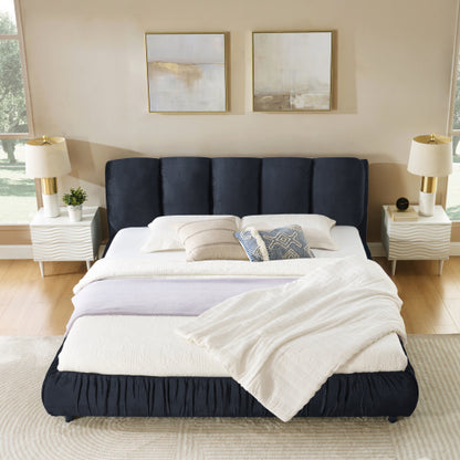 CAMA NEGRA SATIN #9KING SIZE SOLAMENTE-King Size Upholstered Bed Frame, Modern Minimalist Style with Segmented Plump Compressed Sponge Headboard, Shiny velvet & Sturdy Leg Support, Mattress Not Included-Black