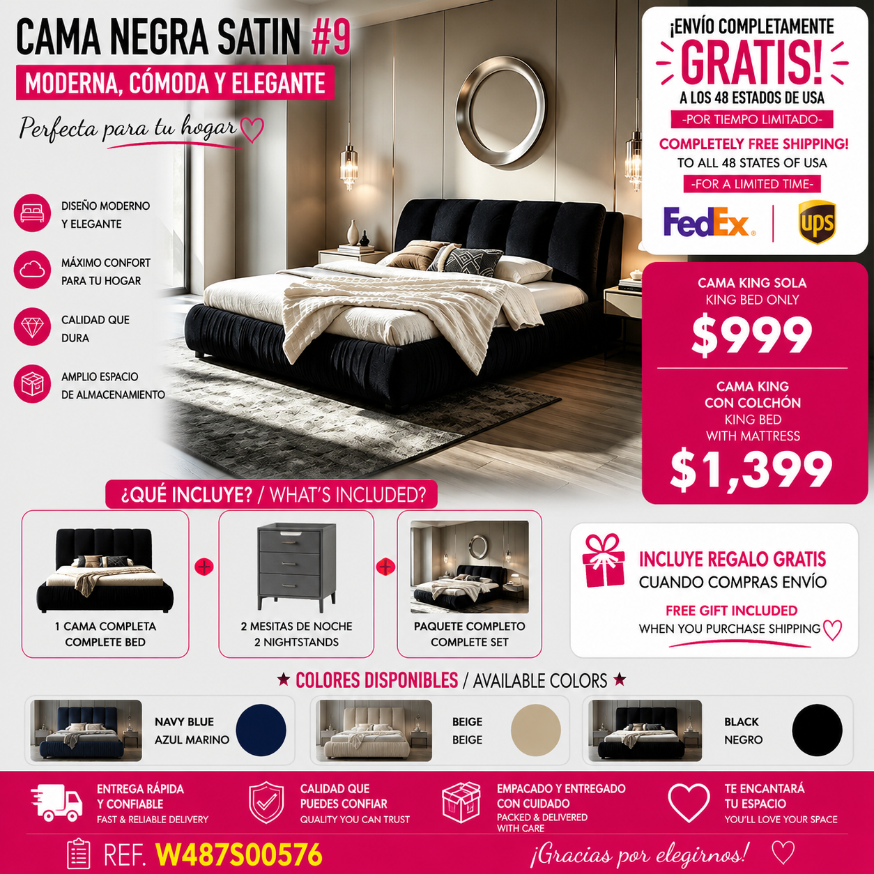 CAMA NEGRA SATIN #9KING SIZE SOLAMENTE-King Size Upholstered Bed Frame, Modern Minimalist Style with Segmented Plump Compressed Sponge Headboard, Shiny velvet & Sturdy Leg Support, Mattress Not Included-Black