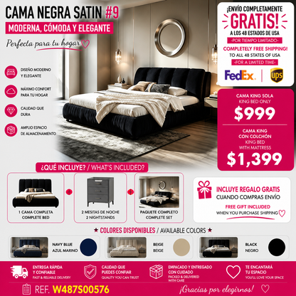 CAMA NEGRA SATIN #9KING SIZE SOLAMENTE-King Size Upholstered Bed Frame, Modern Minimalist Style with Segmented Plump Compressed Sponge Headboard, Shiny velvet & Sturdy Leg Support, Mattress Not Included-Black