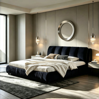 CAMA NEGRA SATIN #9KING SIZE SOLAMENTE-King Size Upholstered Bed Frame, Modern Minimalist Style with Segmented Plump Compressed Sponge Headboard, Shiny velvet & Sturdy Leg Support, Mattress Not Included-Black