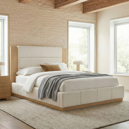 CAMA BLANCA 010 QUEEN/KING - Upholstered Platform Bed Frame with Extended Wood Headboard, Modern Bed with Wood Base, No Box Spring Needed, Queen Size, White Boucle