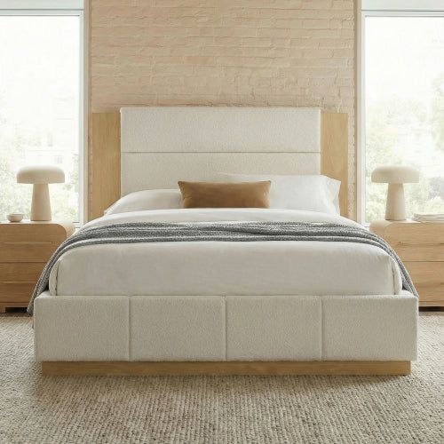 CAMA BLANCA 010 QUEEN/KING - Upholstered Platform Bed Frame with Extended Wood Headboard, Modern Bed with Wood Base, No Box Spring Needed, Queen Size, White Boucle