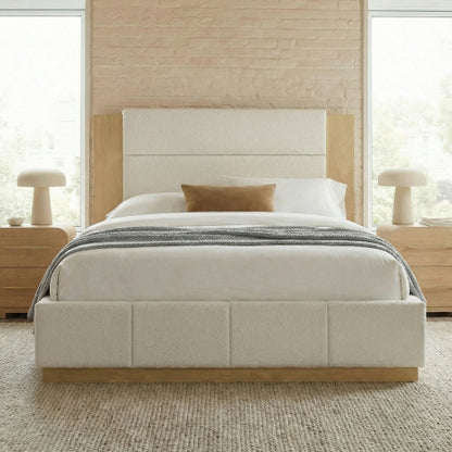 CAMA BLANCA 010 QUEEN/KING - Upholstered Platform Bed Frame with Extended Wood Headboard, Modern Bed with Wood Base, No Box Spring Needed, Queen Size, White Boucle