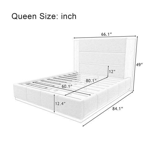 CAMA BLANCA 010 QUEEN/KING - Upholstered Platform Bed Frame with Extended Wood Headboard, Modern Bed with Wood Base, No Box Spring Needed, Queen Size, White Boucle
