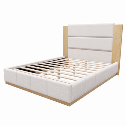 CAMA BLANCA 010 QUEEN/KING - Upholstered Platform Bed Frame with Extended Wood Headboard, Modern Bed with Wood Base, No Box Spring Needed, Queen Size, White Boucle