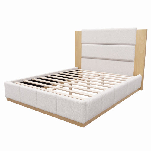CAMA BLANCA 010 QUEEN/KING - Upholstered Platform Bed Frame with Extended Wood Headboard, Modern Bed with Wood Base, No Box Spring Needed, Queen Size, White Boucle
