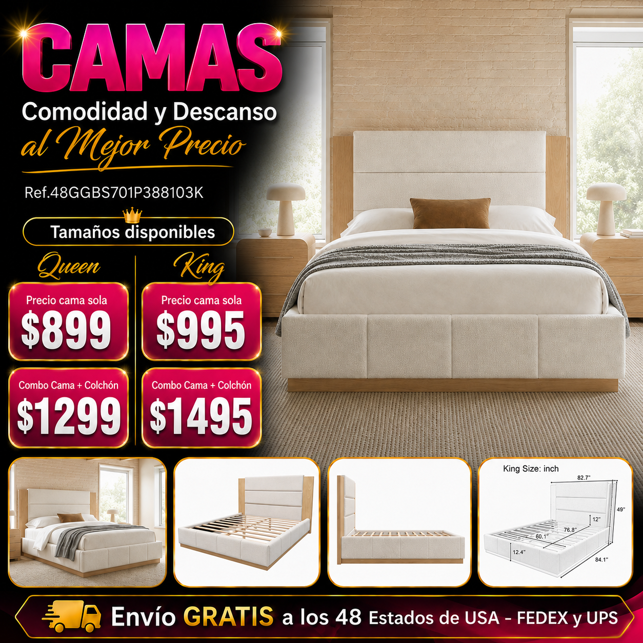 CAMA BLANCA 006 QUEEN/KING -  Upholstered Bed Frame, Natural Wood Trim with White Fabric, Pine Wood with MDF, 600 LBS Weight Capacity, Fits 8"-10" Mattress, No Box Spring Needed