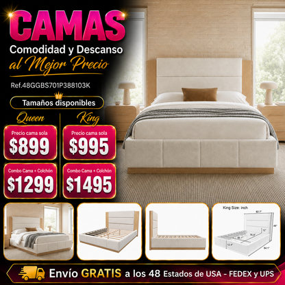 CAMA BLANCA 006 QUEEN/KING -  Upholstered Bed Frame, Natural Wood Trim with White Fabric, Pine Wood with MDF, 600 LBS Weight Capacity, Fits 8"-10" Mattress, No Box Spring Needed