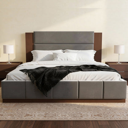 CAMA GRIS 009 QUEEN/KING - Upholstered Platform Bed Frame with Extended Wood Headboard, Modern Bed with Wood Base, No Box Spring Needed, Queen Size, Grey Velet