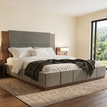 CAMA GRIS 009 QUEEN/KING - Upholstered Platform Bed Frame with Extended Wood Headboard, Modern Bed with Wood Base, No Box Spring Needed, Queen Size, Grey Velet