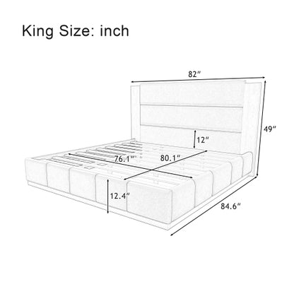 CAMA GRIS 009 QUEEN/KING - Upholstered Platform Bed Frame with Extended Wood Headboard, Modern Bed with Wood Base, No Box Spring Needed, Queen Size, Grey Velet