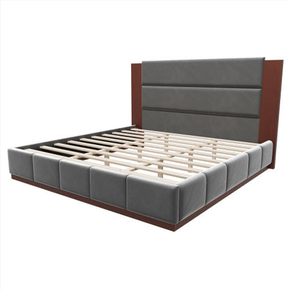 CAMA GRIS 009 QUEEN/KING - Upholstered Platform Bed Frame with Extended Wood Headboard, Modern Bed with Wood Base, No Box Spring Needed, Queen Size, Grey Velet