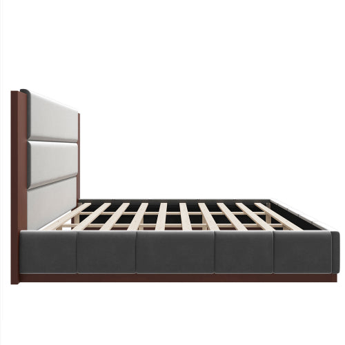 CAMA GRIS 009 QUEEN/KING - Upholstered Platform Bed Frame with Extended Wood Headboard, Modern Bed with Wood Base, No Box Spring Needed, Queen Size, Grey Velet