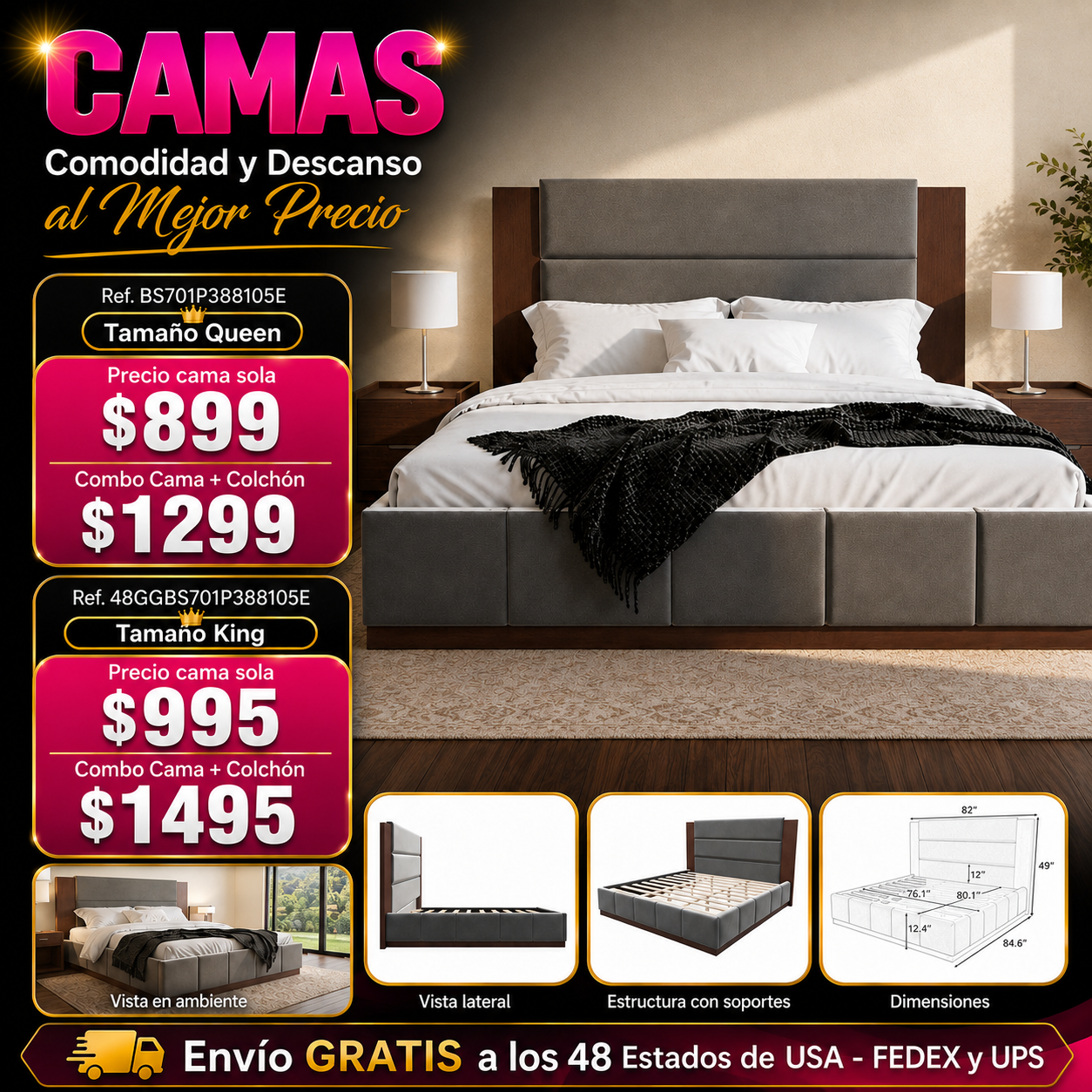 CAMA GRIS 009 QUEEN/KING - Upholstered Platform Bed Frame with Extended Wood Headboard, Modern Bed with Wood Base, No Box Spring Needed, Queen Size, Grey Velet