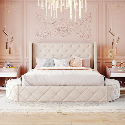 CAMA BEIGE 001 QUEEN SIZE SOLAMENTE - Upholstered Platform Bed Queen Size Storage Velvet Bed with Wingback Headboard and 1 Big Drawer,2 Side Storage Stool(Beige)