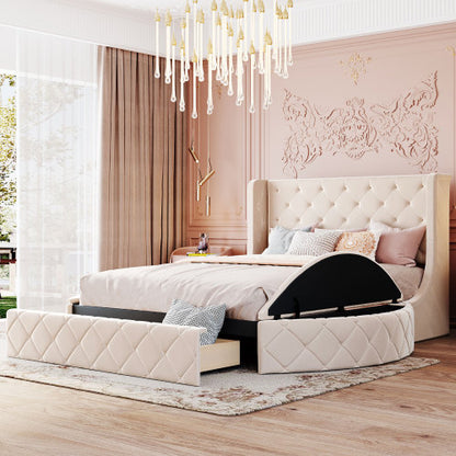 CAMA BEIGE 001 QUEEN SIZE SOLAMENTE - Upholstered Platform Bed Queen Size Storage Velvet Bed with Wingback Headboard and 1 Big Drawer,2 Side Storage Stool(Beige)