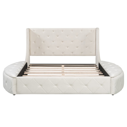 CAMA BEIGE 001 QUEEN SIZE SOLAMENTE - Upholstered Platform Bed Queen Size Storage Velvet Bed with Wingback Headboard and 1 Big Drawer,2 Side Storage Stool(Beige)