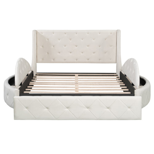 CAMA BEIGE 001 QUEEN SIZE SOLAMENTE - Upholstered Platform Bed Queen Size Storage Velvet Bed with Wingback Headboard and 1 Big Drawer,2 Side Storage Stool(Beige)