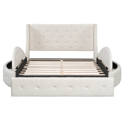 CAMA BEIGE 001 QUEEN SIZE SOLAMENTE - Upholstered Platform Bed Queen Size Storage Velvet Bed with Wingback Headboard and 1 Big Drawer,2 Side Storage Stool(Beige)