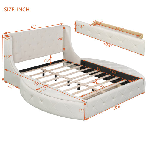 CAMA BEIGE 001 QUEEN SIZE SOLAMENTE - Upholstered Platform Bed Queen Size Storage Velvet Bed with Wingback Headboard and 1 Big Drawer,2 Side Storage Stool(Beige)