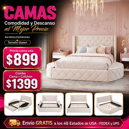 CAMA BEIGE 001 QUEEN SIZE SOLAMENTE - Upholstered Platform Bed Queen Size Storage Velvet Bed with Wingback Headboard and 1 Big Drawer,2 Side Storage Stool(Beige)
