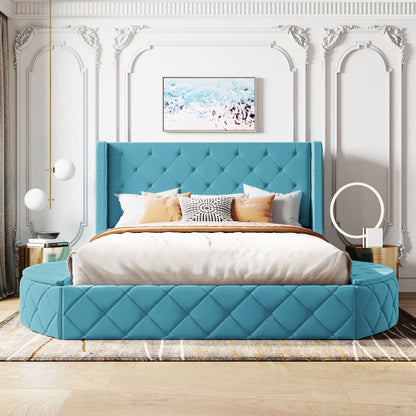 CAMA AZUL 002 QUEEN SIZE SOLAMENTE - Upholstered Platform Bed Queen Size Storage Velvet Bed with Wingback Headboard and 1 Big Drawer,2 Side Storage Stool(Blue)(Old sku: LP100815AAC)