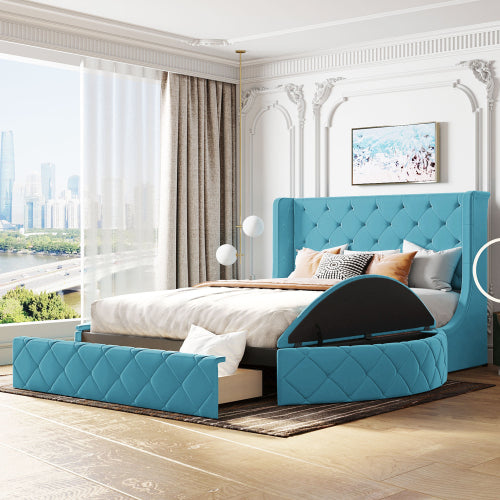 CAMA AZUL 002 QUEEN SIZE SOLAMENTE - Upholstered Platform Bed Queen Size Storage Velvet Bed with Wingback Headboard and 1 Big Drawer,2 Side Storage Stool(Blue)(Old sku: LP100815AAC)