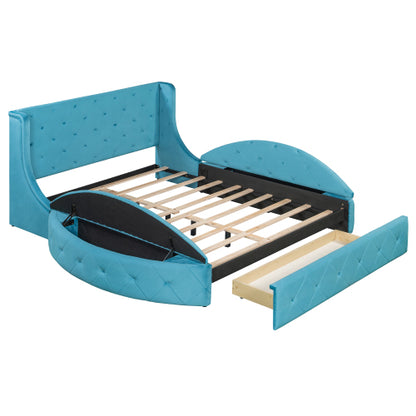 CAMA AZUL 002 QUEEN SIZE SOLAMENTE - Upholstered Platform Bed Queen Size Storage Velvet Bed with Wingback Headboard and 1 Big Drawer,2 Side Storage Stool(Blue)(Old sku: LP100815AAC)