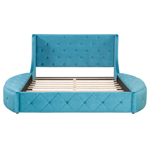CAMA AZUL 002 QUEEN SIZE SOLAMENTE - Upholstered Platform Bed Queen Size Storage Velvet Bed with Wingback Headboard and 1 Big Drawer,2 Side Storage Stool(Blue)(Old sku: LP100815AAC)