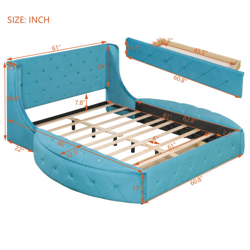 CAMA AZUL 002 QUEEN SIZE SOLAMENTE - Upholstered Platform Bed Queen Size Storage Velvet Bed with Wingback Headboard and 1 Big Drawer,2 Side Storage Stool(Blue)(Old sku: LP100815AAC)