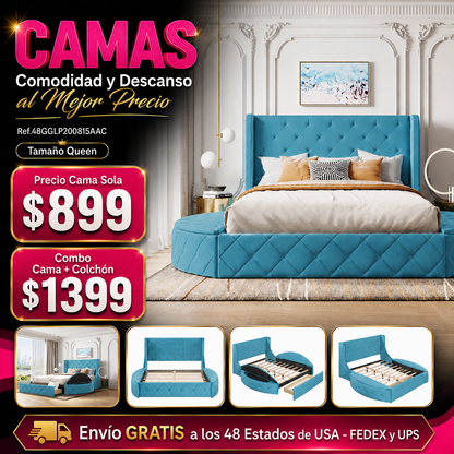 CAMA AZUL 002 QUEEN SIZE SOLAMENTE - Upholstered Platform Bed Queen Size Storage Velvet Bed with Wingback Headboard and 1 Big Drawer,2 Side Storage Stool(Blue)(Old sku: LP100815AAC)