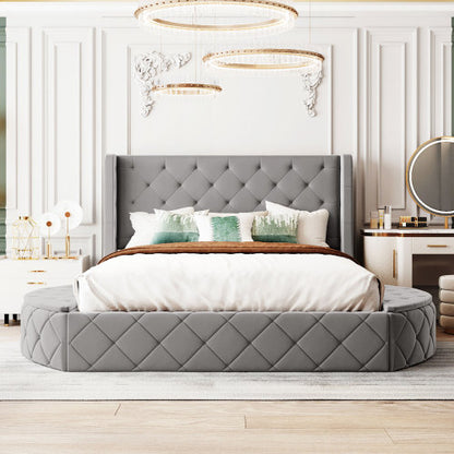 CAMA GRIS 004 QUEEN SIZE SOLAMENTE - Upholstered Platform Bed Queen Size Storage Velvet Bed with Wingback Headboard and 1 Big Drawer,2 Side Storage Stool