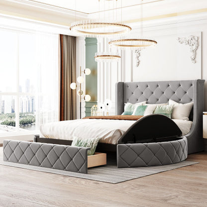 CAMA GRIS 004 QUEEN SIZE SOLAMENTE - Upholstered Platform Bed Queen Size Storage Velvet Bed with Wingback Headboard and 1 Big Drawer,2 Side Storage Stool