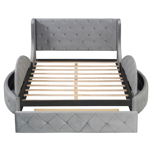 CAMA GRIS 004 QUEEN SIZE SOLAMENTE - Upholstered Platform Bed Queen Size Storage Velvet Bed with Wingback Headboard and 1 Big Drawer,2 Side Storage Stool