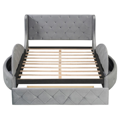 CAMA GRIS 004 QUEEN SIZE SOLAMENTE - Upholstered Platform Bed Queen Size Storage Velvet Bed with Wingback Headboard and 1 Big Drawer,2 Side Storage Stool