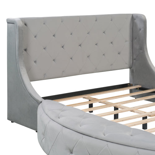 CAMA GRIS 004 QUEEN SIZE SOLAMENTE - Upholstered Platform Bed Queen Size Storage Velvet Bed with Wingback Headboard and 1 Big Drawer,2 Side Storage Stool